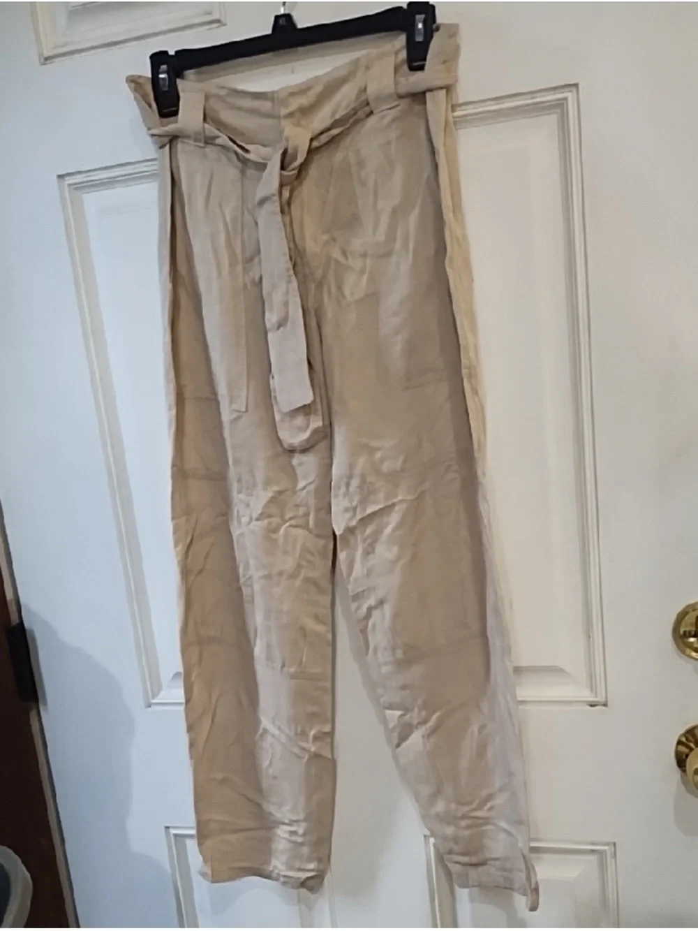 Reformation Linen Blend Paperbag Tie Waist Tapered Pants Tan Beige M